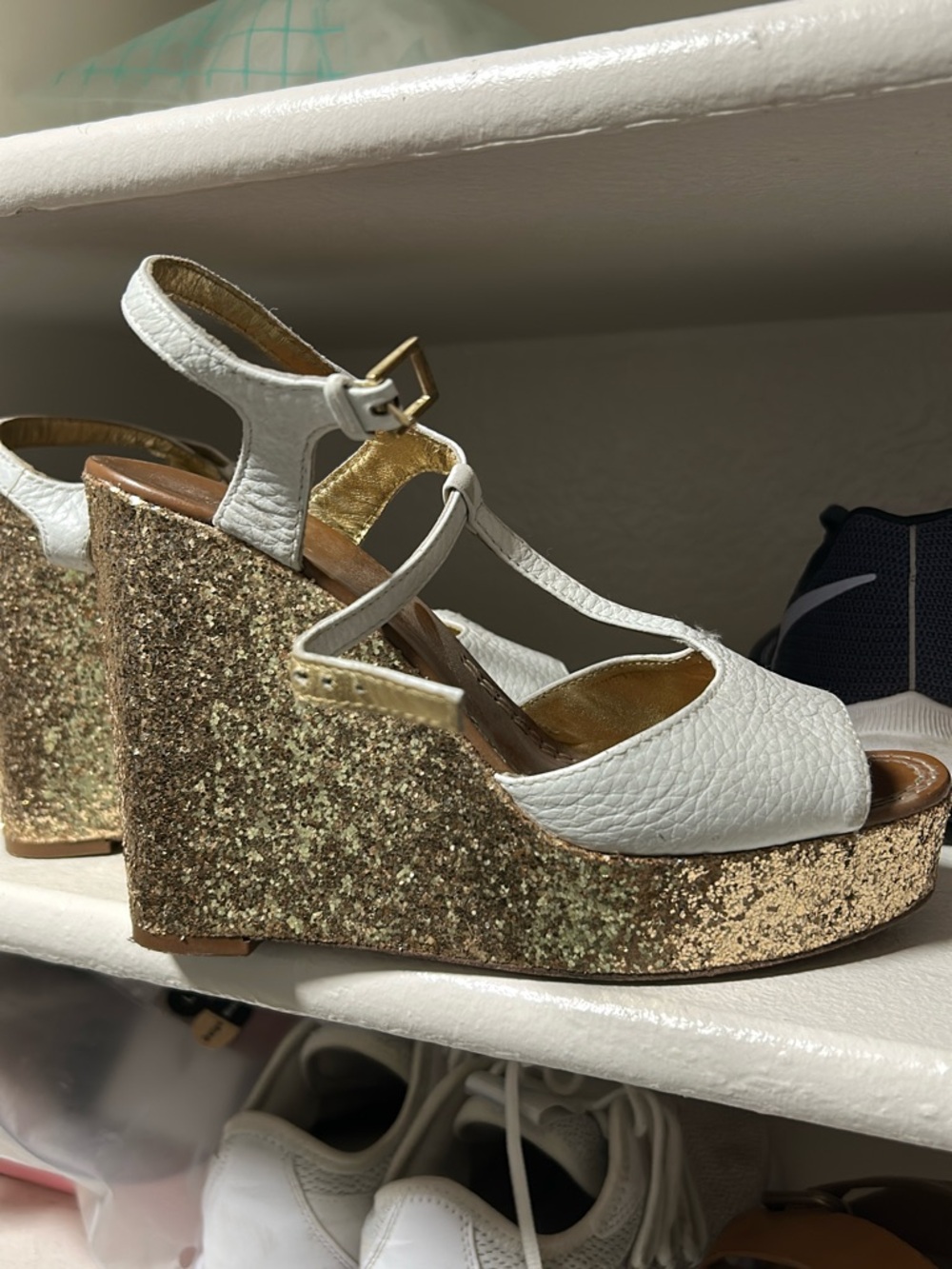 kate spade White Leather T-Strap Wedge Sandals with Gold Glitter Platform
